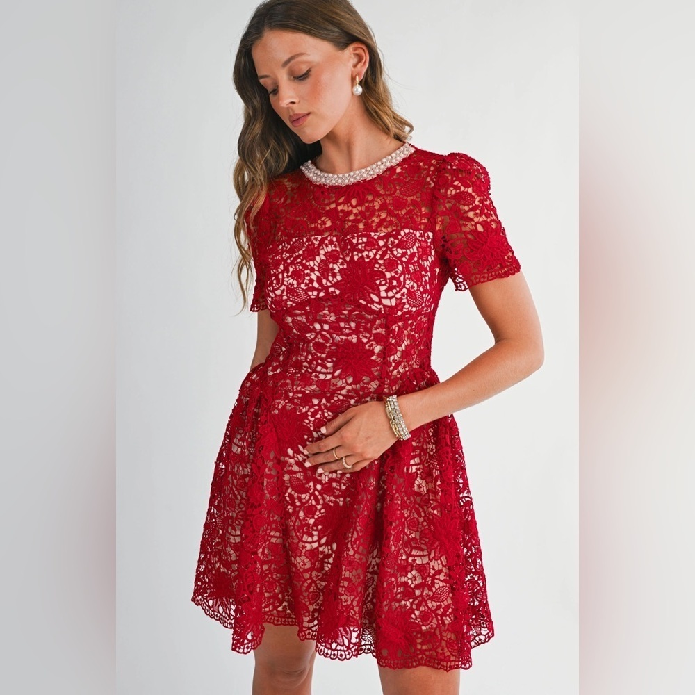 Endless Blu Red Lace Dress Pearl Neckline Festive Holidays - Picture 4 of 4